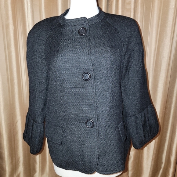 Talbots Black Wool Blend Ruffled Sleeve Blazer Size 14 Petite - Picture 1 of 8
